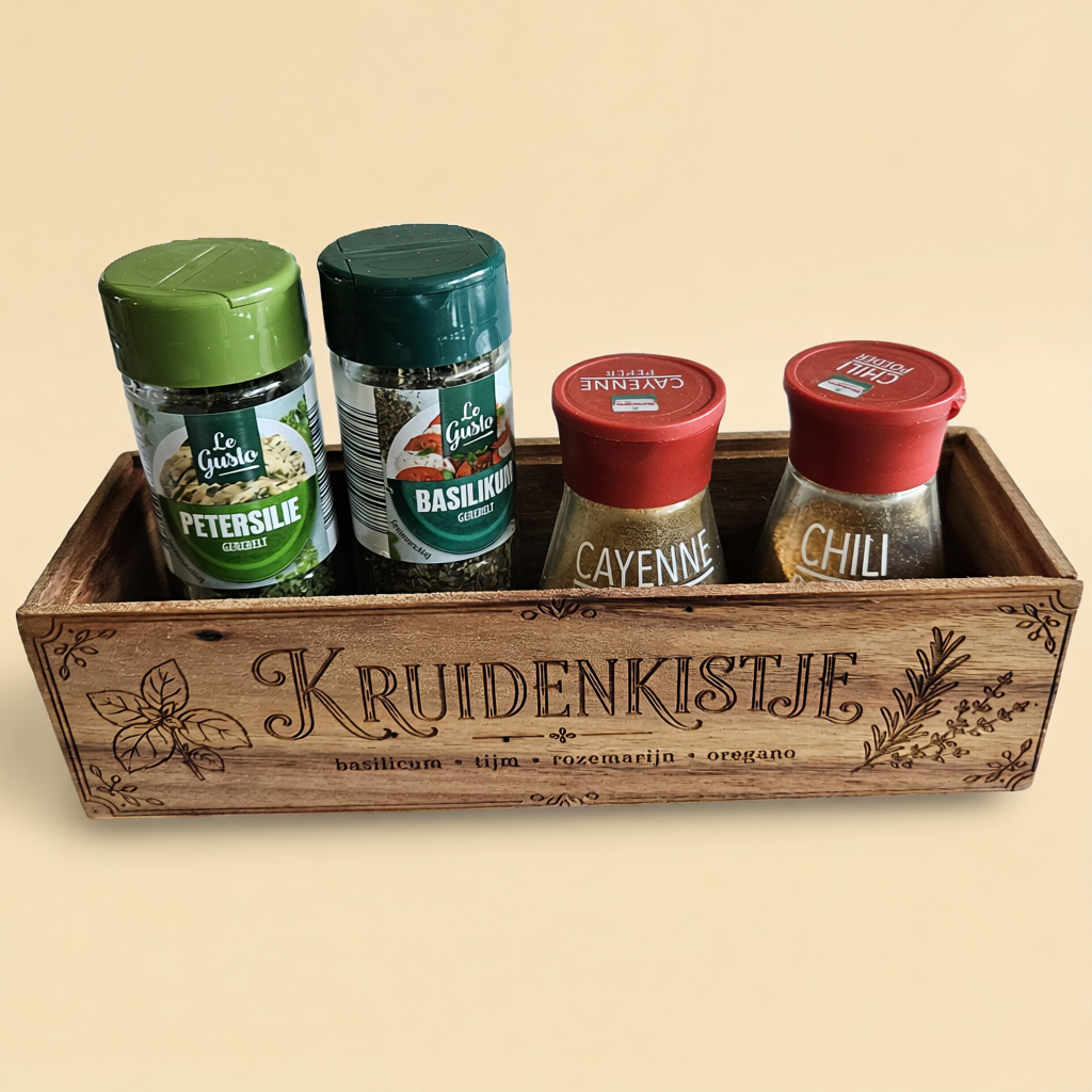 Gegraveerd houten kruidenkistje met persoonlijke tekst