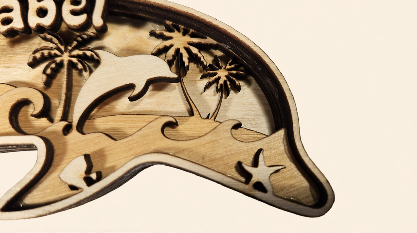 detail houten dolfijn naambordje met golven en palmbomen
