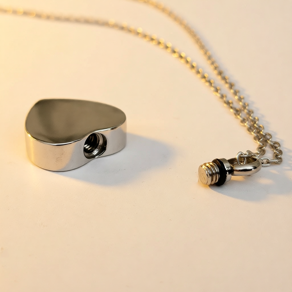 Zilverkleurige hartvormige urn met schroefdop en ketting