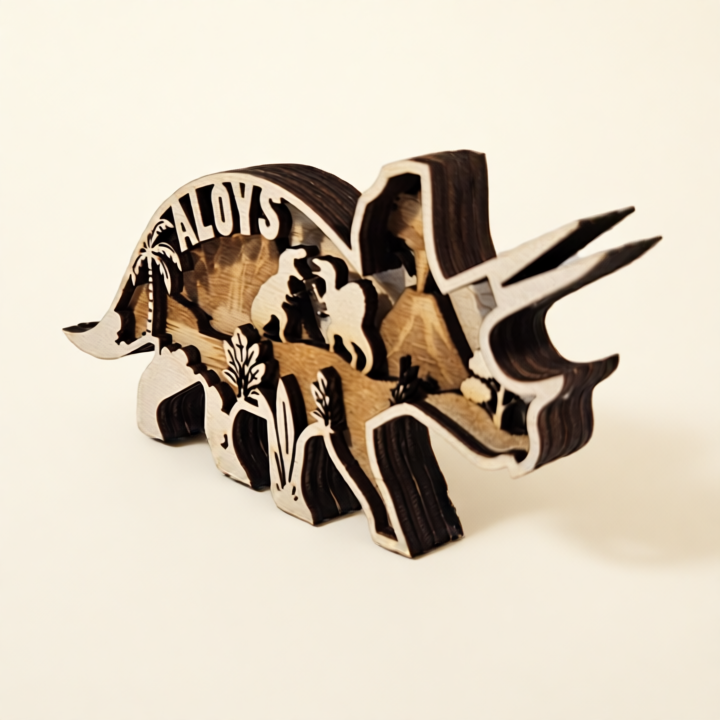houten naambordje triceratops met naam 3D lagen