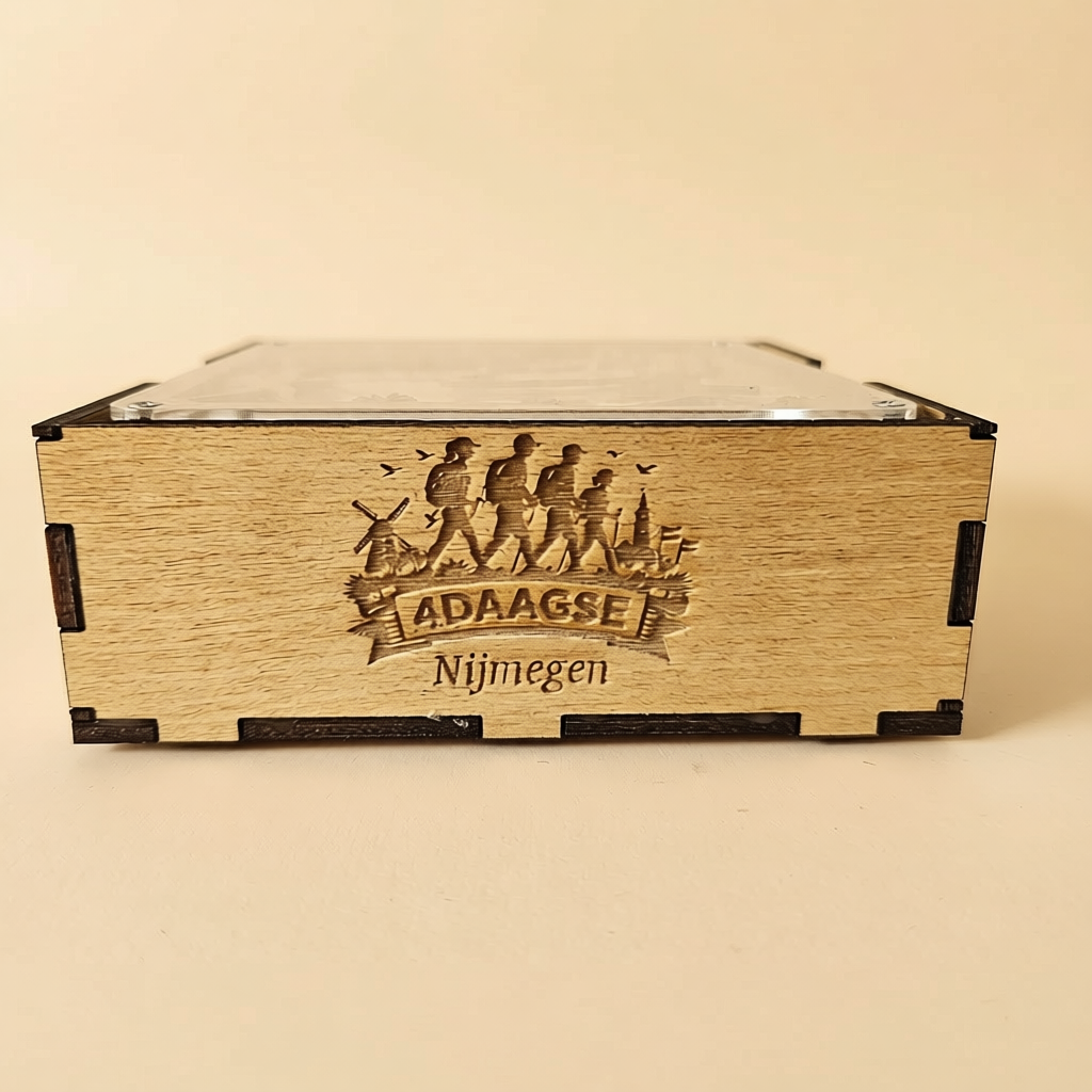 Houten bewaarbakje met 4Daagse Nijmegen gravure